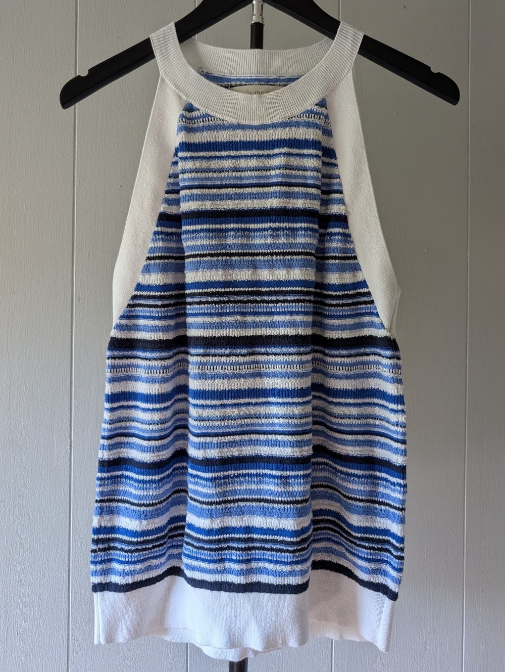 LOFT White, Blue & Black Striped Knit Crewneck